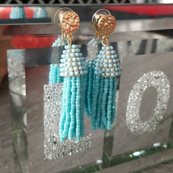 BLUE BEADED TASSEL EARRINGS - Picture 2 of 4